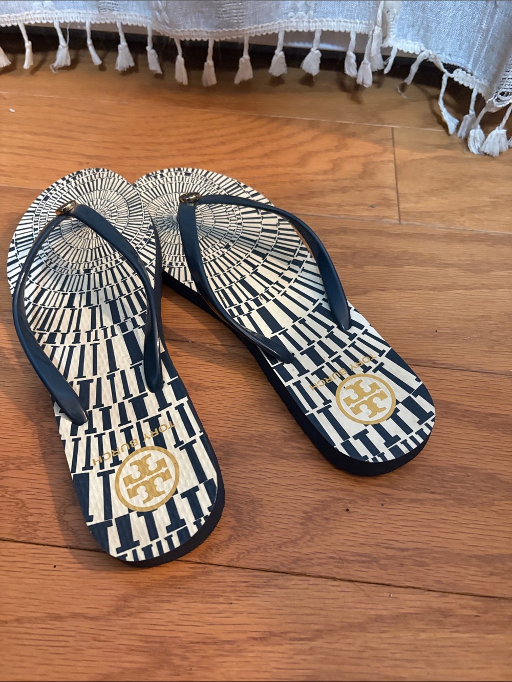 Tory Burch Navy Flip Flop Sandals with Gold Logo